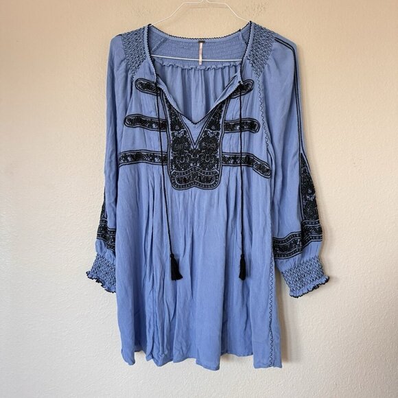 Free People Wind Willow Boho Embroidered Tie Neck Tunic Dress S Oversized Blue - Picture 1 of 7